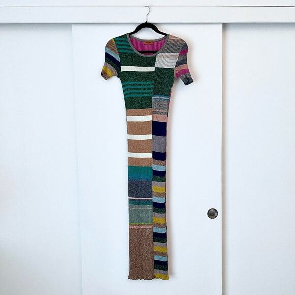 Missoni Metallic Striped Ribbed Knit Midi Dress Green Lettuce Hem Multicolor - Picture 3 of 12
